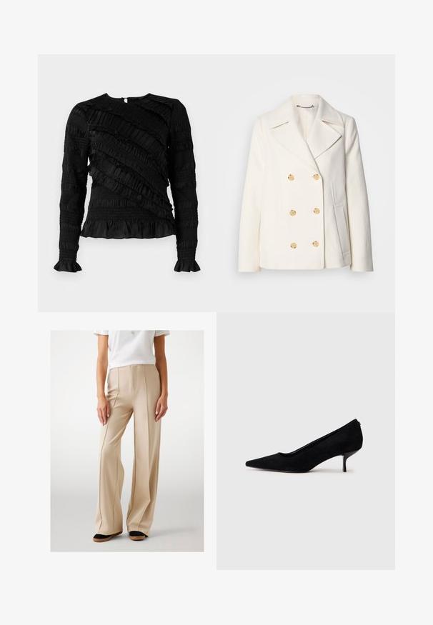 Dvojradový biely kabát z texturovanej tkaniny s veľkými zlatými gombíkmi, s klopami a bočnými vreckami.; Čierny dlhý rukáv top s textúrovanými volánmi rôznych šírok, s okrúhlym výstrihom a rozšírenými manžetami. Zapínanie na zips na chrbte.; Béžové nohavice s širokými nohavicami vyrobené z hladkej tkaniny, so záhybmi vpredu a vysokým pásom. V kombinácii s čiernymi a hnedými plochými topánkami.; Čierne semišové lodičky s špicatou špičkou a úzkym, nízkym opätkom. Hladká textura s elegantným dizajnom, bez viditeľných kovových súčiastok.