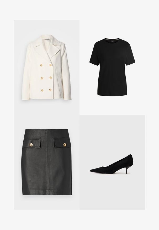 Dvojradový biely kabát z texturovanej tkaniny s veľkými zlatými gombíkmi, s klopami a bočnými vreckami.; Čierne tričko s krátkym rukávom vyrobené z jemnej bavlny, s klasickým okrúhlym výstrihom a hladkou textúrou. Jednoduchý dizajn bez vzorov alebo akcentov.; Čierna kožená minisukňa s dvomi prednými vreckami so zlatými gombíkmi, hladkou textúrou a rovno strihaným dizajnom.; Čierne semišové lodičky s špicatou špičkou a úzkym, nízkym opätkom. Hladká textura s elegantným dizajnom, bez viditeľných kovových súčiastok.
