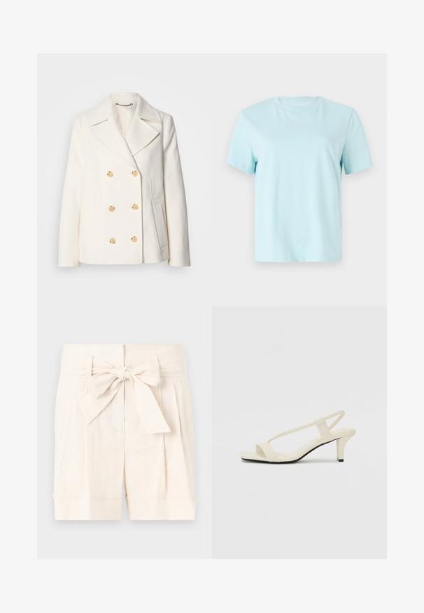 Abrigo blanco de doble botonadura en tejido texturizado, con grandes botones dorados, solapas con muesca y bolsillos laterales.; Camiseta de algodón azul claro con mangas cortas, cuello redondo y sutil logo bordado de 'Calvin Klein' en la parte delantera.; Pantalones cortos de talle alto color beige con un cinturón atado, diseño plisado y puños doblados en tejido ligero.; Sandalias de tacón cuadrado en color beige con tiras delgadas y punta cuadrada. Material suave con un diseño minimalista, diseñado para facilitar su uso.
