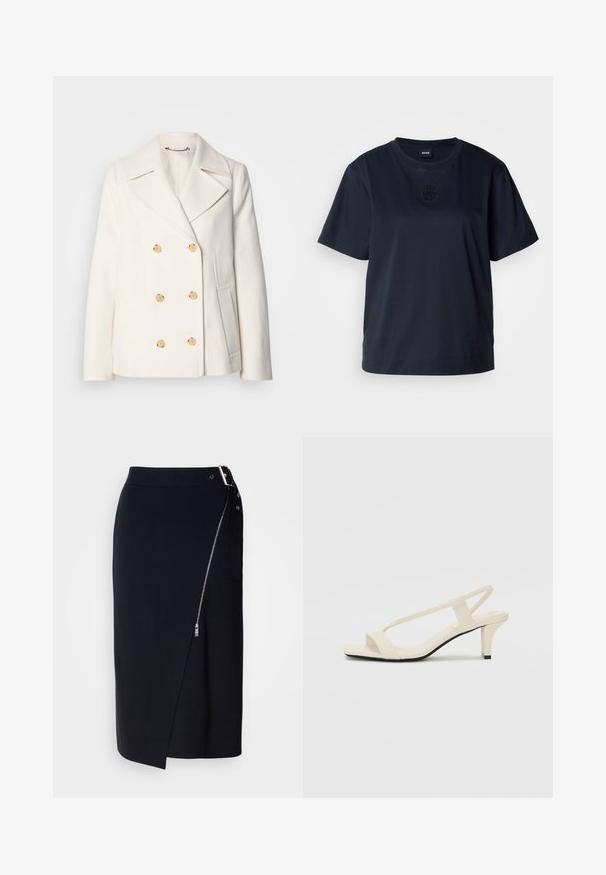 Kahekordne valge mantel tekstureeritud kangast, millel on suured kuldsete nuppudega, küljel olevad taskud ja nurgelised kraed.; Tumesinine lühikeste varrukatega T-särk, mis on valmistatud pehmest puuvillast. Omab ümmargust kaelust ja diskreetset tikandiga logo rinna piirkonnas.; Tumed püksijärk, mis on valmistatud venivast kangast, külgcipptootega, ebatasase lõikega ja elegantsse siluettiga.; Beez blok-kandadesed õhukeste rihmadega ja ruudukujulise varbaga. Sile materjal minimaalsete detailidega, kujundatud mugavaks kandmiseks.