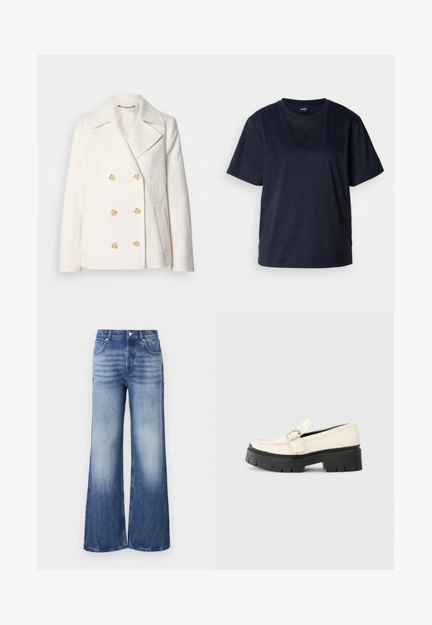 Dvojno zapenjanje bele plašče v teksturiranem materialu, ki vsebuje velike zlate gumbe, ovratnike s klini in stranske žepke.; Temno modra kratka majica s kratkimi rokavi, izdelana iz mehke bombažne tkanine. Ima okroglo ovratnico in subtilno vezeno logo na prsih.; Svetlo modri široki jeans iz denima, z visokim pasom, z belimi odtenki in blagovno oznako na zadnjem žepu.; Bela usnjena loafer čevlja z debelim črnim podplatom, ki ima pravokotno srebrno zaponko in vidne šive na zgornjem delu.