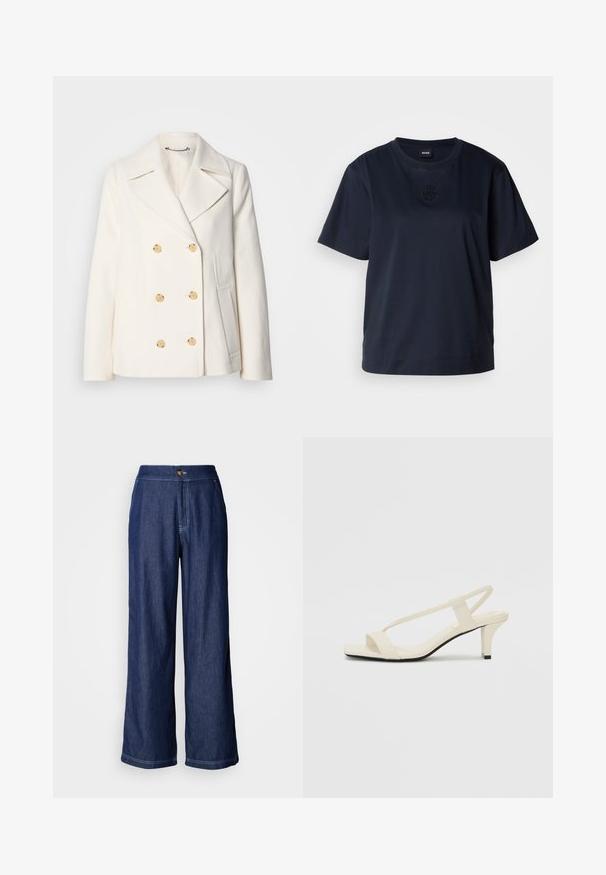 Double-breasted white coat in textured fabric, featuring large gold-tone buttons, notched lapels, and side pockets.; Navy blue short-sleeve t-shirt made of soft cotton. Features a rounded neckline and a subtle embroidered logo on the chest.; Wide-leg denim pants in dark blue with a button waist closure, contrasting stitching, and a smooth texture. Tailored for a relaxed fit.; Beige block-heeled sandals with thin straps and a square toe. Smooth material with minimal detailing, designed for easy wear.