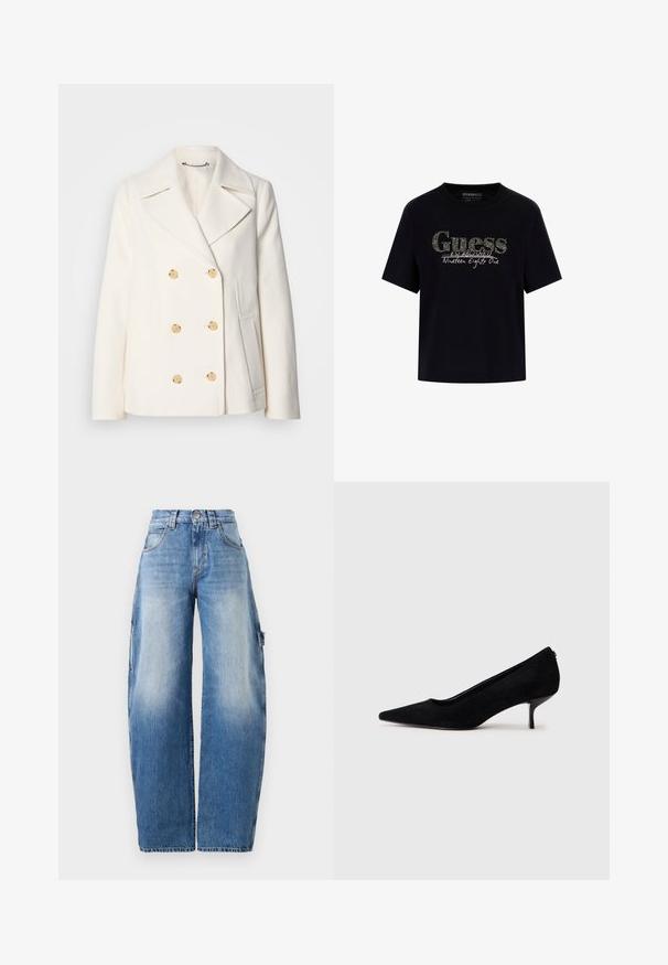 Dvojřadový bílý kabát z texturované látky, který má velké zlaté knoflíky, klopové límce a boční kapsy.; Černé bavlněné tričko s kulatým výstřihem a krátkým rukávem. Obsahuje třpytivý logo "Guess" a text "Established Nineteen Eighty One".; Světle modré kalhoty s širokými nohavicemi, vyrobené z denimu. Mají vysoký pas, mírné opotřebení, velké boční kapsy a kontrastní prošívání.; Černá semišová dámská vysoká bota s špičatou špičkou a štíhlým, nízkým podpatkem. Hladký povrch s elegantním designem, bez viditelného kování.