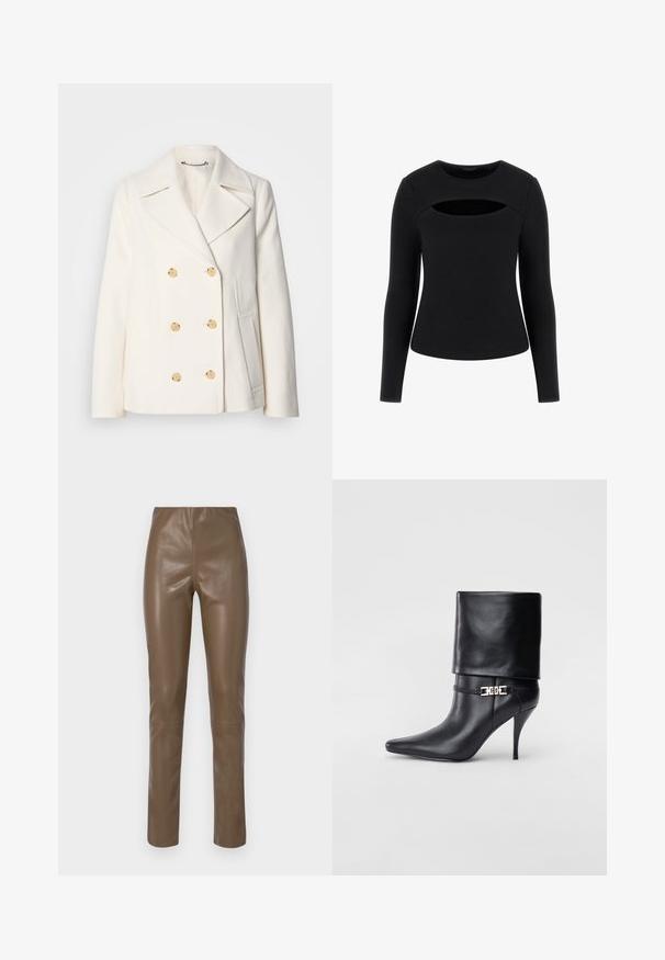 Double-breasted white coat in textured fabric, featuring large gold-tone buttons, notched lapels, and side pockets.; Black long-sleeve top featuring a ribbed texture and unique cut-out detail at the chest, with a round neckline and fitted silhouette.; Brown faux leather pants with a smooth, glossy texture. Features a high waist and straight legs, with minimal stitching details.; Black leather ankle boot with a pointed toe, high stiletto heel, fold-over cuff, and a gold decorative buckle detail on the ankle.
