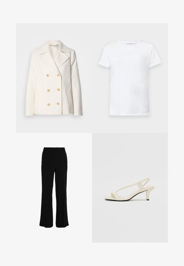 Manteau blanc croisé en tissu texturé, ornée de grandes boutons dorés, de revers crantés et de poches latérales.; T-shirt blanc à manches courtes en coton avec un col ras du cou. Texture lisse et coupe droite, sans motifs ni accents.; Pantalon noir avec une coupe droite, fabriqué dans un tissu lisse. Présente une taille mi-haute et ne comporte ni poches visibles ni embellissements.; Sandales beiges à talons carrés avec des fines brides et un bout carré. Matière lisse avec des détails minimaux, conçues pour un port facile.
