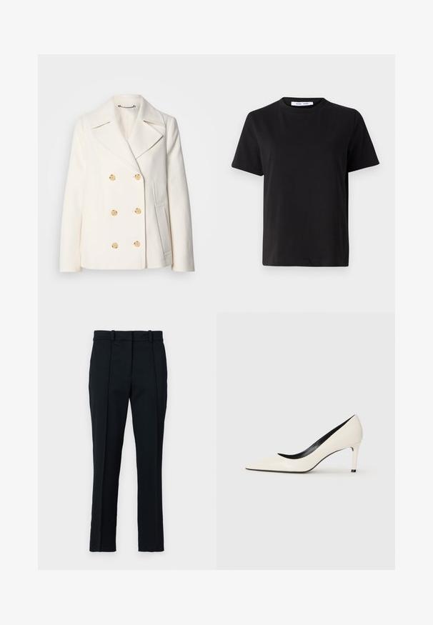 Double-breasted white coat in textured fabric, featuring large gold-tone buttons, notched lapels, and side pockets.; Black short-sleeve t-shirt made of soft cotton, featuring a round neckline, relaxed fit, and a smooth texture. No visible patterns or graphics.; Black trousers made of a smooth fabric, featuring a flat front, two front pleats, and a classic fit with belt loops.; White patent leather high-heeled pump with a pointed toe, slim heel, and black interior detailing. Smooth texture and sleek design.