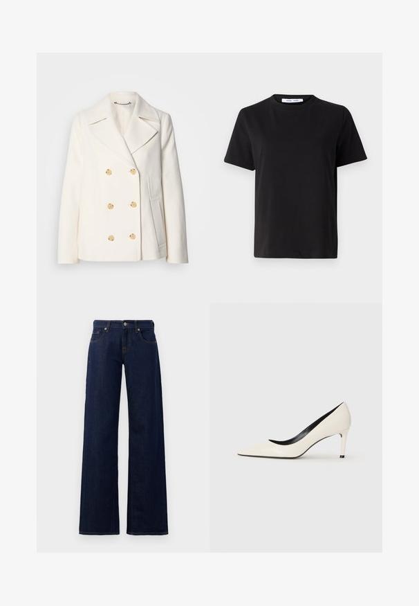 Palton alb cu două rânduri de butoane, realizat dintr-un material texturat, având butoane mari de culoare aurie, rever tip notch și buzunare laterale.; Tricou negru cu manșon scurt, fabricat din bumbac moale, având un guler rotund, o croială lejeră și o textură netedă. Fără modele sau grafice vizibile.; Jeanși largi din denim albastru închis, cu un design standard cu cinci buzunare, cusături din cupru și un închizător cu buton la talie.; Pantofi cu toc înalt din piele patent albă, cu vârf ascuțit, toc subțire și detalii interioare negre. Textură netedă și design elegant.