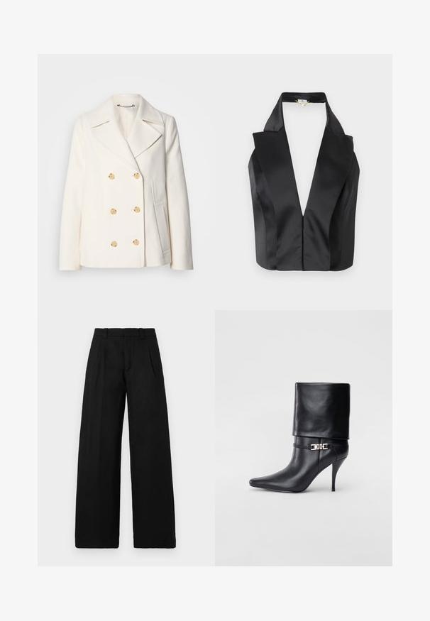 Manteau blanc croisé en tissu texturé, ornée de grandes boutons dorés, de revers crantés et de poches latérales.; Top halter en satin noir avec un décolleté en V profond, un col structuré et un corsage ajusté avec un dos haut. Texture lisse et soyeuse.; Pantalons larges noirs en tissu tissé lisse. Dotés d'un devant plat avec deux plis et des passants de ceinture. Design simple et épuré.; Bottine en cuir noir avec un bout pointu, un haut talon aiguille, un revers, et un détail décoratif en boucle dorée au niveau de la cheville.