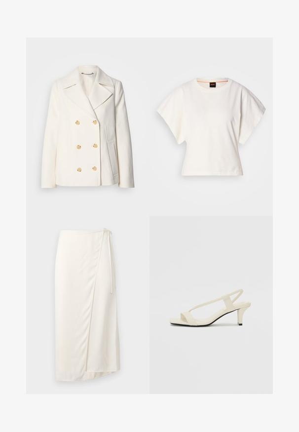 Kaksirivinen valkoinen takki, jossa on teksturoitu kangas, suuret kultasävytetyt napit, kauluksessa lovet ja sivutaskut.; Valkoinen lyhythihainen t-paita, leveät lyhyet hihat, pehmeää puuvillamateriaalia, pyöreä pääntie jossa hienovarainen oranssi reunus, minimaalinen muotoilu, ei kuvioita tai graafisia elementtejä.; Kreemi värvi mähkeskleit, mis on valmistatud siledast kangast, külgseotava kinnituse ja põlvekõrguse hemiga, millel on kerge esikõhrekäik liikumise mugavuseks.; Beige sandaalit, joissa on loiva korko, ohuet hihnat ja neliönmallinen varvasosa. Sileä materiaali, jossa on minimaalista yksityiskohtaa, suunniteltu helppokäyttöiseksi.