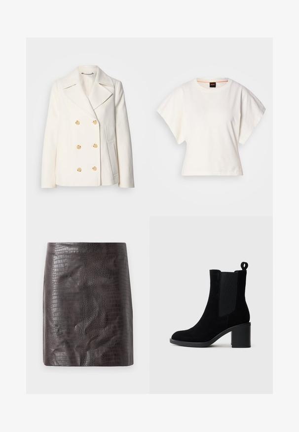 Dwurzędowy biały płaszcz z teksturowanej tkaniny, z dużymi guzikami w kolorze złotym, wykładanymi klapami i kieszeniami bocznymi.; Biała, krótka koszulka z szerokimi rękawami, wykonana z miękkiej bawełny, okrągły dekolt z delikatnym pomarańczowym wykończeniem, minimalistyczny design, bez wzorów i grafik.; Krótka spódnica w kolorze ciemno brązowym z tłoczeniem w kształcie krokodyla, charakteryzująca się gładką fakturą i dopasowanym krojem z delikatnym rozkloszowaniem na dolnym końcu.; Czarne zamszowe botki za kostkę na chunky obcasie, z elastycznymi bocznymi panelami i pętelką. Gładka tekstura i okrągły nosek.