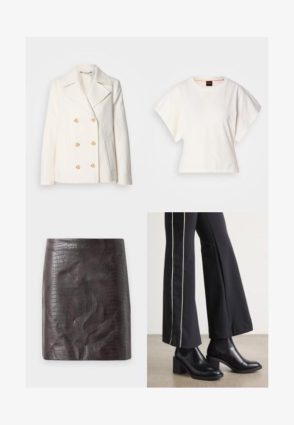 Dobbeltbrystet hvid frakke i struktureret stof med store guldfarvede knapper, spidsrevers og sidelommer.; Hvid cropped T-shirt, korte brede ærmer, blødt bomuldsstof, rund halsudskæring med diskret orange kant, minimalistisk design uden mønstre eller grafik.; Krokodillepræget kort skørt i mørkebrun, med en glat tekstur og en tætsiddende silhuet med en let udsving ved kanten.; Sorte læder ankelstøvler med blokhæle, udstyret med elastiske sidepaneler. Kombineret med sorte bukser, der har en hvid side stripe.