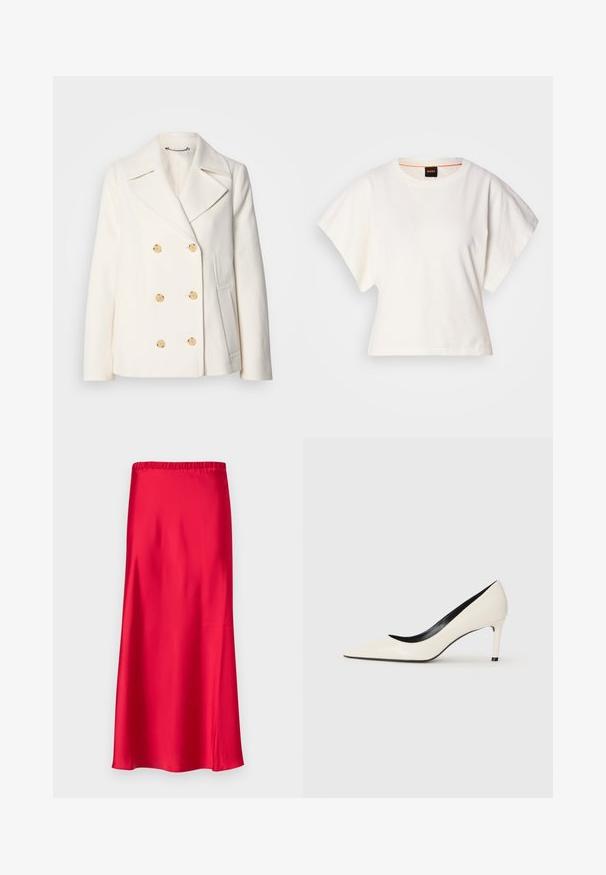 Cappotto bianco doppiopetto in tessuto texture, con grandi bottoni dorati, revers a scialle e tasche laterali.; T-shirt bianca cropped, maniche corte e larghe, tessuto di cotone morbido, scollatura rotonda con bordino arancione sottile, design minimale, senza motivi o grafiche.; Gonna midi in satin rossa con elastico in vita, texture liscia e silhouette fluida che si restringe verso l'orlo.; Pump in vernice bianca con tacco alto, punta affilata e dettagli interni neri. Texture liscia e design elegante.