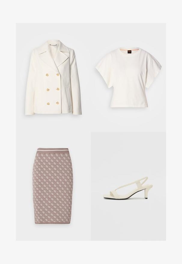 Kahekordne valge mantel tekstureeritud kangast, millel on suured kuldsete nuppudega, küljel olevad taskud ja nurgelised kraed.; Valge lühikeste laiadte varrukatega lühike T-särk, pehme puuvillane materjal, ümar kaelus kergelt oranži ääristusega, minimaalne disain, ilma mustrite ja graafikateta.; Ümarpunnikust pliiatsiseelik heledas pruunis, millel on kreemilised mustrid, ja ribad, millel on kontrastne joon. Sujuv tekstuur.; Beez blok-kandadesed õhukeste rihmadega ja ruudukujulise varbaga. Sile materjal minimaalsete detailidega, kujundatud mugavaks kandmiseks.