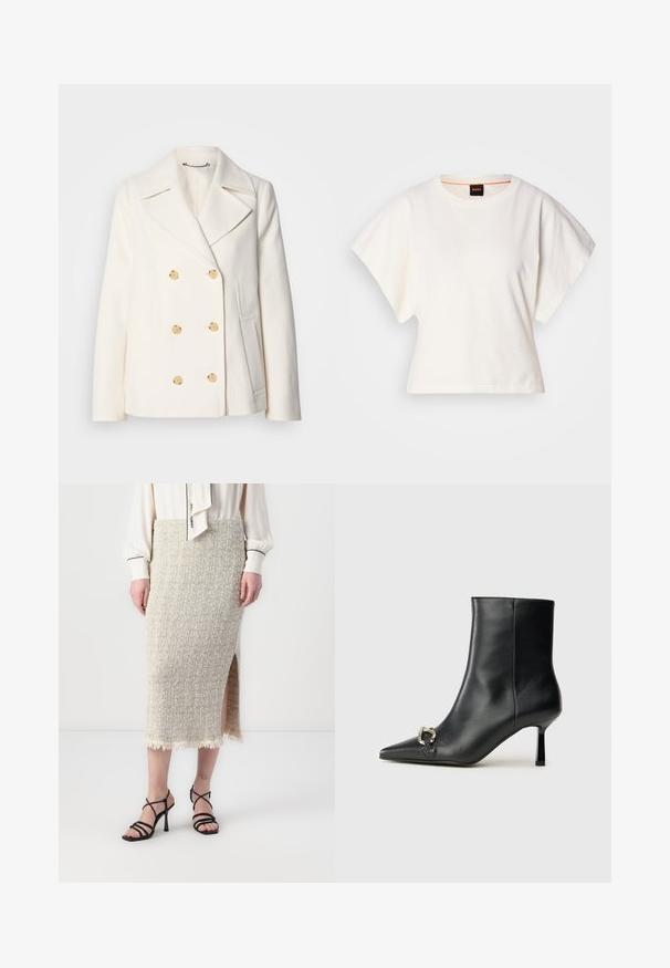 Cappotto bianco doppiopetto in tessuto texture, con grandi bottoni dorati, revers a scialle e tasche laterali.; T-shirt bianca cropped, maniche corte e larghe, tessuto di cotone morbido, scollatura rotonda con bordino arancione sottile, design minimale, senza motivi o grafiche.; Gonna a maglia beige con texture, svasata e con un taglio laterale e orlo sfilacciato. Abbinata a sandali con tacco alto neri e con cinturini. Presentata sotto una blusa bianca.; Stivale alla caviglia in pelle nera con punta affusolata, tacco sottile di media altezza e dettaglio in fibbia argentata sul lato, su sfondo semplice.