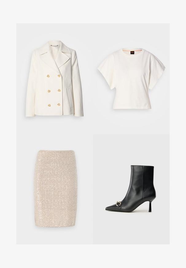 Dvojradový biely kabát z texturovanej tkaniny s veľkými zlatými gombíkmi, s klopami a bočnými vreckami.; Biely skrátený tričko, krátke široké rukávy, mäkký bavlnený materiál, okrúhly výstrih s jemným oranžovým lemovaním, minimalistický dizajn, bez vzorov alebo grafiky.; Trblietavý béžový ceruzkový sukňa s priliehavým strihom, pokrytá malými, odrážajúcimi flitrami, hladká textúra a rovný lem.; Čierna kožená členková obuv s špicatou špičkou, štíhlým stredne vysokým podpätkom a striebornou sponou na boku na jednoduchom pozadí.