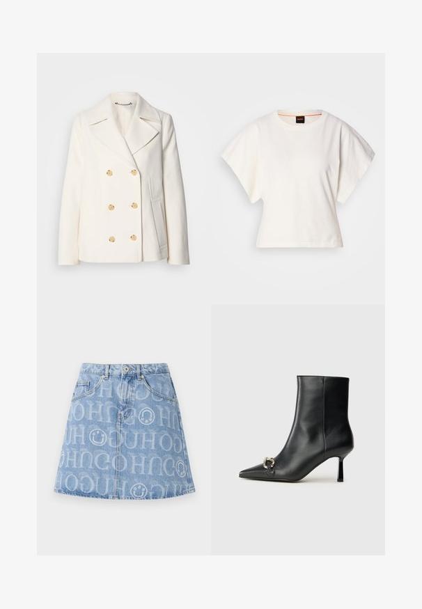 Dubbeltknäppt vitt läder i strukturerad tyg, med stora guldfärgade knappar, slagkrage och sidofickor.; Vit kortärmad T-shirt, korta vida ärmar, mjukt bomullsmaterial, rund halsringning med subtila orange detaljer, minimal design, inga mönster eller grafik.; Ljusblå denimkjol med ett heltryckt logomönster, femficksdesign och en utsvängd silhuett med en synlig midja.; Svart läderankelboot med spetsig tå, smal medelhög klack och silverfärgad spänndetalj på sidan mot en enfärgad bakgrund.