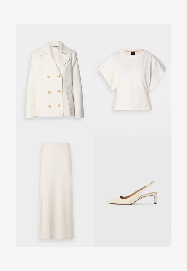 Dvipusė balta striukė iš tekstūrinio audinio, dekoruota dideliais auksinės spalvos mygtukais, su išpjautomis apykaklėmis ir šoninėmis kišenėmis.; Baltas trumpas marškinėliai, plačios trumpomis rankovėmis, minkšta medvilnė, apvali kaklo iškirptė su subtiliu oranžiniu apvadu, minimalus dizainas, be raštų ar grafikų.; Grietos spalvos midi ilgio sijonas, su lygiu, satino tipo audiniu ir tiesiu siluetu. Be matomų raštų ar puošybos.; Smailo nosiu slingback bateliai off-white oda, su žemu kulnu ir išpjovimo dizainu, turintys lygų paviršių ir minimalų akcentų skaičių.