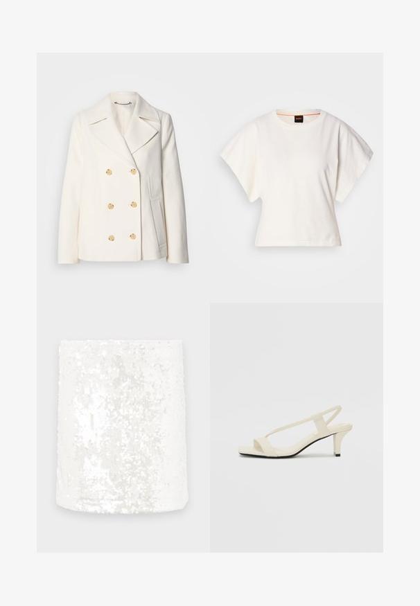 Dobbeltbrystet hvid frakke i struktureret stof med store guldfarvede knapper, spidsrevers og sidelommer.; Hvid cropped T-shirt, korte brede ærmer, blødt bomuldsstof, rund halsudskæring med diskret orange kant, minimalistisk design uden mønstre eller grafik.; Hvidt pailletstofrør med en glat overflade. Pailletterne reflekterer lyset og skaber en glitrende effekt. Kanterne er pænt afsluttet.; Beige blokhælede sandaler med tynde remme og en firkantet tå. Glat materiale med minimal detaljering, designet til nem brug.