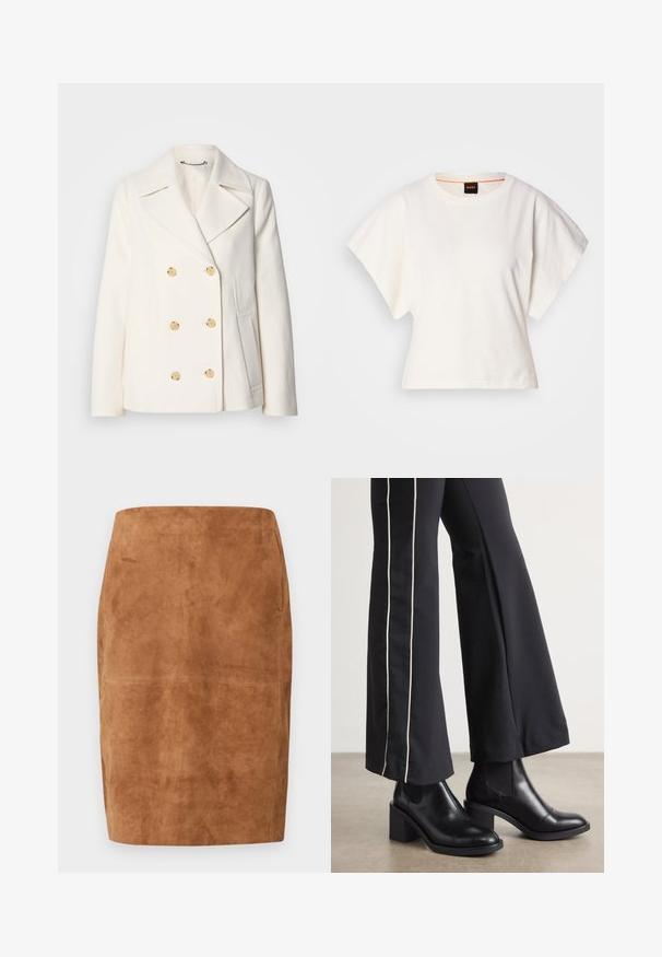 Dubbeltknäppt vitt läder i strukturerad tyg, med stora guldfärgade knappar, slagkrage och sidofickor.; Vit kortärmad T-shirt, korta vida ärmar, mjukt bomullsmaterial, rund halsringning med subtila orange detaljer, minimal design, inga mönster eller grafik.; Brun mocka blyertkjol med hög midja och knälång fåll, med subtila sömdetaljer.; Svarta läderankelboots med klack, med elastiska sidopaneler. I kombination med svarta byxor som har en vit sidostrip.