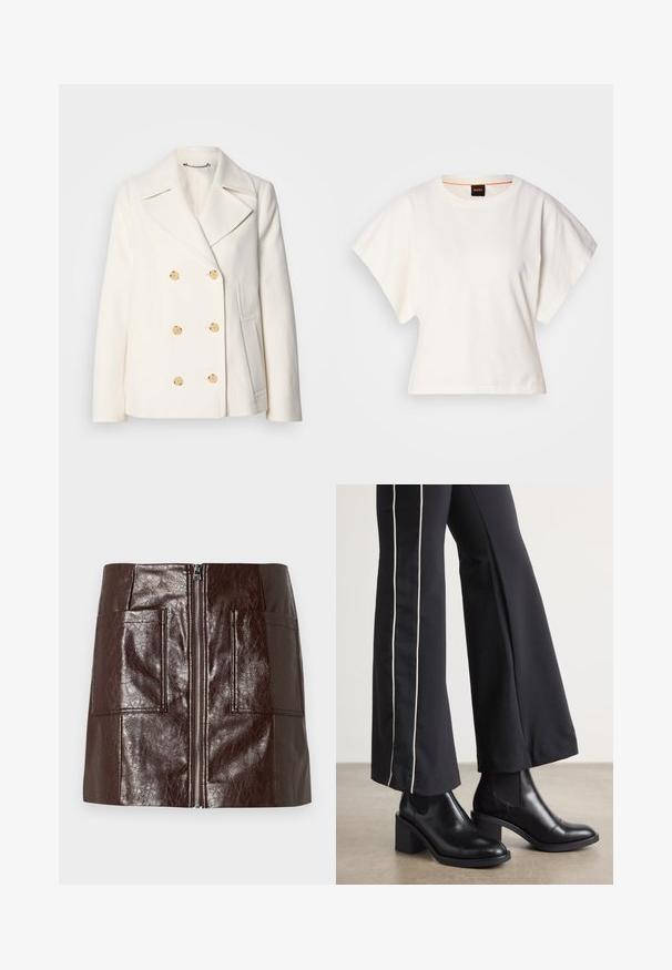 Cappotto bianco doppiopetto in tessuto texture, con grandi bottoni dorati, revers a scialle e tasche laterali.; T-shirt bianca cropped, maniche corte e larghe, tessuto di cotone morbido, scollatura rotonda con bordino arancione sottile, design minimale, senza motivi o grafiche.; Mini gonna in finta pelle marrone con zip frontale, due grandi tasche anteriori e una texture liscia e lucida.; Stivaletti in pelle nera con tacco a blocco, dotati di pannelli elastici sui lati. Abbinati a pantaloni neri con una striscia bianca laterale.