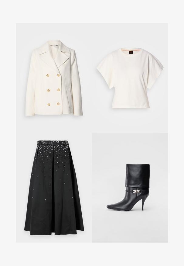 Kahekordne valge mantel tekstureeritud kangast, millel on suured kuldsete nuppudega, küljel olevad taskud ja nurgelised kraed.; Valge lühikeste laiadte varrukatega lühike T-särk, pehme puuvillane materjal, ümar kaelus kergelt oranži ääristusega, minimaalne disain, ilma mustrite ja graafikateta.; Mustmust, millel on vormitud vöökoht, kaunistatud hõbedaste nupudega, volditud kujundus ja voolav siluett, mis ulatub keskmise sääreni.; Mustad nahast pahkluu saapad terava nina, kõrge stilettokanna, volditud äärega ja kuldse dekoratiivse pandlaga pahkluul.