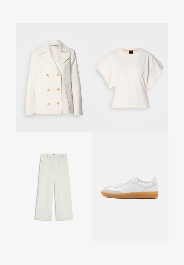 Double-breasted white coat in textured fabric, featuring large gold-tone buttons, notched lapels, and side pockets.; White cropped T-shirt, short wide sleeves, soft cotton material, round neckline with subtle orange trim, minimal design, no patterns or graphics.; Wide-leg pants in light cream fabric, featuring side pockets, a flat front, and a single button closure at the waist. Smooth texture.; White leather sneaker with beige suede accents, gum rubber sole, and lace-up design. Features subtle branding in gold.
