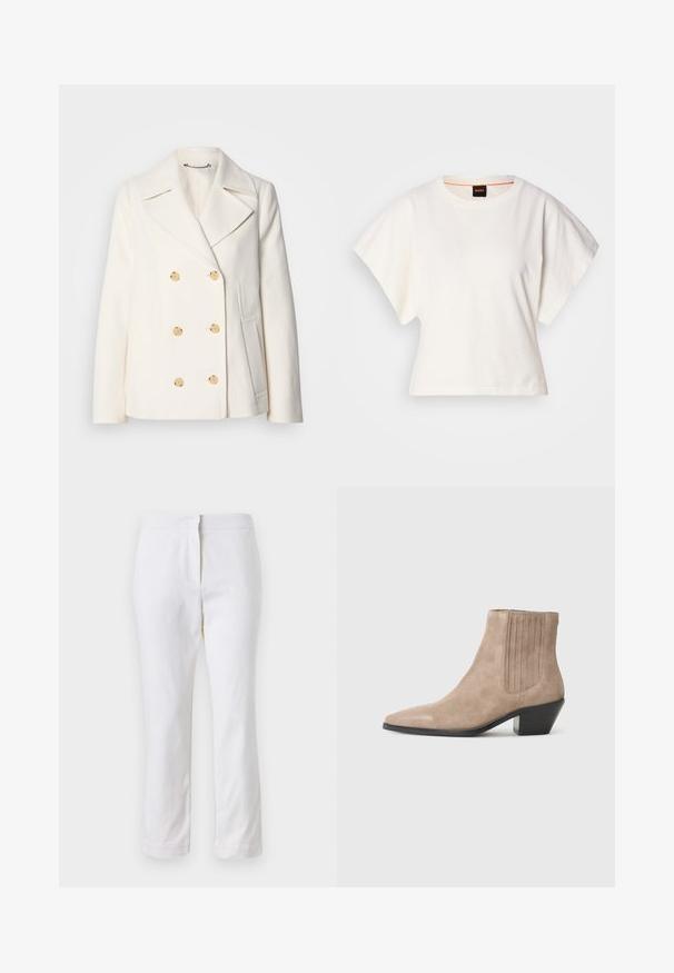 Dvojřadový bílý kabát z texturované látky, který má velké zlaté knoflíky, klopové límce a boční kapsy.; Bílý zkrácený T-shirt, krátké široké rukávy, měkký bavlněný materiál, kulatý výstřih s jemným oranžovým lemováním, minimalistický design, bez vzorů nebo grafik.; Bílé bavlněné kalhoty s rovnou nohavicou, s středně vysokým pasem a bez viditelných kovových prvků nebo vzorů. Hladká textura po celém povrchu.; Beige semišové kotníkové boty s špičatou špičkou a tvarovaným podpatkem, se svislými stehy na bocích.