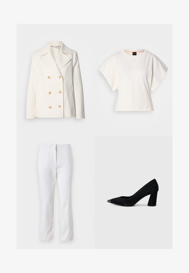 Palton alb cu două rânduri de butoane, realizat dintr-un material texturat, având butoane mari de culoare aurie, rever tip notch și buzunare laterale.; Tricou alb scurt, cu mâneci scurte și largi, din bumbac moale, cu decolteu rotund și un finisaj subtil portocaliu, design minimalist, fără modele sau grafice.; Pantaloni din bumbac alb, cu un design drept, având talie medie și fără hardware sau modele vizibile. Textură uniformă pe întreaga suprafață.; Pumps negre din suede cu toc înalt, cu vârf ascuțit, având un vârf cap brun lucios și un toc masiv, conic.