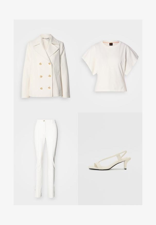 Doppeltknöpfiger weißer Mantel aus strukturiertem Stoff, mit großen goldfarbenen Knöpfen, Revers und seitlichen Taschen.; Weißes, kurzes T-Shirt, kurze weite Ärmel, weicher Baumwollstoff, runder Ausschnitt mit subtilen orangefarbenen Akzenten, minimales Design, keine Muster oder Grafiken.; Weiße maßgeschneiderte Hosen mit einem eleganten Design, aus glattem Stoff gefertigt. Mit einem Reißverschluss und subtilen goldenen Akzenten am Bund.; Beige Blockabsatzsandalen mit dünnen Riemen und quadrater Spitze. Glattes Material mit minimalem Design, entworfen für einfaches Tragen.