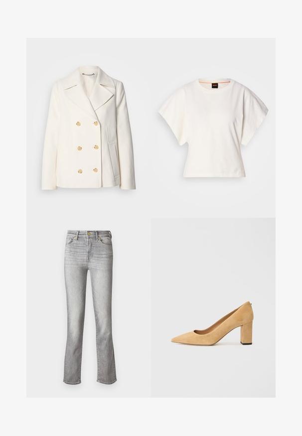Palton alb cu două rânduri de butoane, realizat dintr-un material texturat, având butoane mari de culoare aurie, rever tip notch și buzunare laterale.; Tricou alb scurt, cu mâneci scurte și largi, din bumbac moale, cu decolteu rotund și un finisaj subtil portocaliu, design minimalist, fără modele sau grafice.; Jeans din denim gri cu un design drept, având o închidere frontală cu buton, cinci buzunare și o decolorare subtilă pentru textură.; Pantofii cu toc înalt din suede bej au vârful ascuțit și un toc gros. Materialul are o textură moale și o finisare netedă.