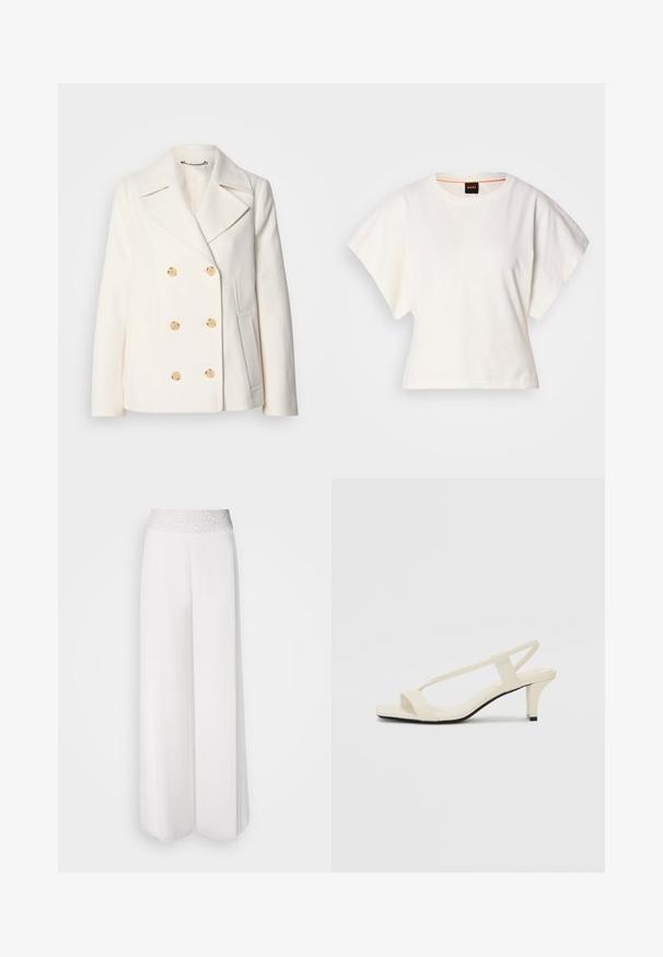 Double-breasted white coat in textured fabric, featuring large gold-tone buttons, notched lapels, and side pockets.; White cropped T-shirt, short wide sleeves, soft cotton material, round neckline with subtle orange trim, minimal design, no patterns or graphics.; White wide-leg pants with a textured silver waistband, featuring a smooth fabric and flowing design. Suitable for various occasions.; Beige block-heeled sandals with thin straps and a square toe. Smooth material with minimal detailing, designed for easy wear.