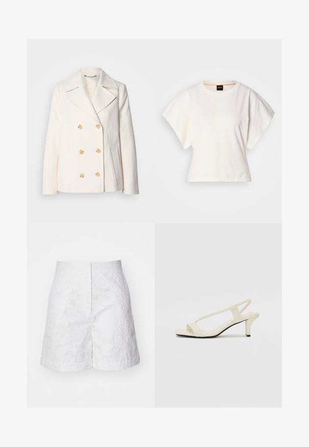 Kétgombos, fehér kabát textúrált anyagból, nagy arany színű gombokkal, csücskös gallérral és oldalzsebekkel.; Fehér, rövid, bő ujjú, crop szabású póló, puha pamut anyagból, kerek nyakkivágással, finom narancssárga díszítéssel, minimalista dizájn, minta vagy grafika nélkül.; Fehér rövidnadrág virágmintás csipkével, sima derékkal és egyenes szabással. A dizájn bonyolult levél- és virágmintákat mutat be.; Beige színű, blokksarkú szandálok vékony pántokkal és négyzet alakú orral. Simább anyag, minimális részletezéssel, amely könnyű viselésre lett tervezve.