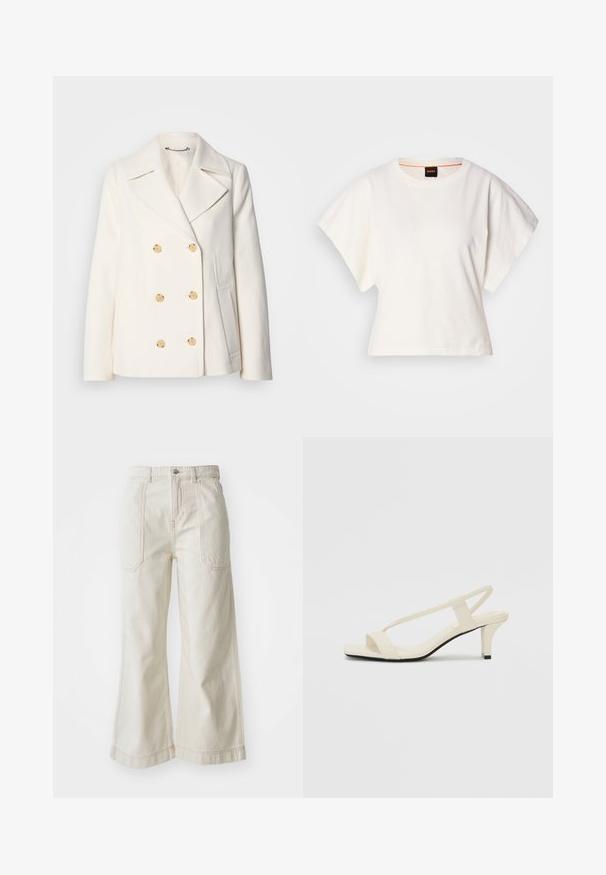Dubbelzijdige witte jas van textuurstof, met grote goudkleurige knopen, gesmeden revers en zijzakken.; Witte gecropte T-shirt, korte brede mouwen, zachte katoenmaterialen, ronde halslijn met subtiele oranje rand, minimalistisch ontwerp, geen patronen of graphics.; Hoge taille, brede pijpen gemaakt van crèmekleurige denim. Voorzien van dubbele voorzakken en stikdetails langs de naden.; Beige blockhak sandalen met dunne bandjes en een vierkante neus. Glad materiaal met minimale details, ontworpen voor eenvoudig dragen.