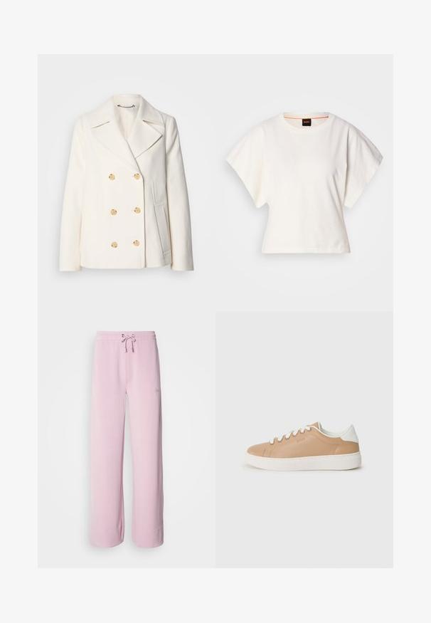 Dva reda gumba bijeli kaput od teksturirane tkanine, sa velikim zlatnim tipkama, reverima i bočnim džepovima.; Bijeli skraćeni T-shirt, široke kratke rukave, mekani pamučni materijal, okrugli izrez s suptilnim narančastim detaljem, minimalistički dizajn, bez uzoraka ili grafika.; Svijetloružičaste trenirke s vezicom u struku, širokim nogavicama i preklopom na rubu. Imaju mali izvezeni logo sa strane. Mekana tekstura tkanine.; Bež kožne tenisice s bijelim detaljima, okrugli vrh, ravni potplat i kontrastni šavovi. Uže za vezivanje s šest rupica.