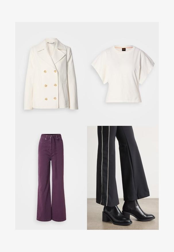 Palton alb cu două rânduri de butoane, realizat dintr-un material texturat, având butoane mari de culoare aurie, rever tip notch și buzunare laterale.; Tricou alb scurt, cu mâneci scurte și largi, din bumbac moale, cu decolteu rotund și un finisaj subtil portocaliu, design minimalist, fără modele sau grafice.; BOSS C TMARLENE D - Blugi loose fit - dark purple; Bocanci de piele negri până la gleznă, cu toc pătrat, având panouri elastice pe laterale. Asortați cu pantaloni negri care au o dungi albă pe lateral.