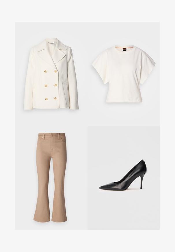 Kahekordne valge mantel tekstureeritud kangast, millel on suured kuldsete nuppudega, küljel olevad taskud ja nurgelised kraed.; Valge lühikeste laiadte varrukatega lühike T-särk, pehme puuvillane materjal, ümar kaelus kergelt oranži ääristusega, minimaalne disain, ilma mustrite ja graafikateta.; Beezid flared teksad, mis on valmistatud denimist, sujuva tekstuuriga, ees taskud, lukuga ja kuldse tooni nupud ja niidid.; Must nahast kõrge kontsaga kingad terava varba, siledat tekstuuri ja elegantse disainiga. Omavad peent, kõrgendatud kontsa ja madalat esiosa.