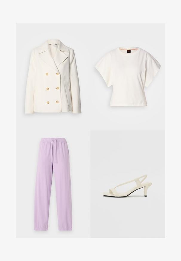Dobbeltbrystet hvid frakke i struktureret stof med store guldfarvede knapper, spidsrevers og sidelommer.; Hvid cropped T-shirt, korte brede ærmer, blødt bomuldsstof, rund halsudskæring med diskret orange kant, minimalistisk design uden mønstre eller grafik.; Lys lilla joggerbukser lavet af blød stof med elastisk talje og justerbar snor; tapered ben design.; Beige blokhælede sandaler med tynde remme og en firkantet tå. Glat materiale med minimal detaljering, designet til nem brug.