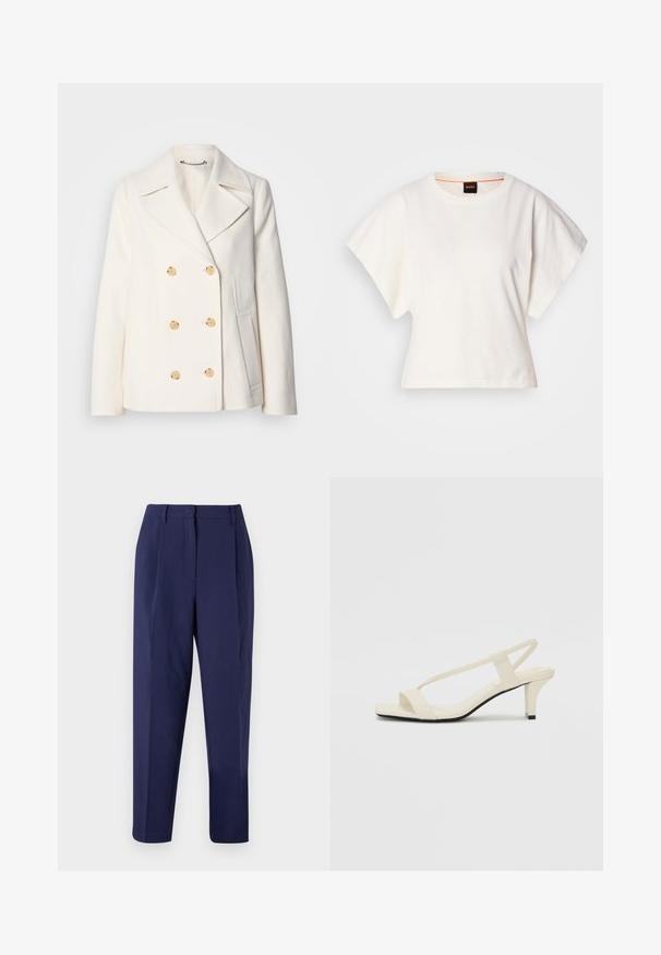 Double-breasted white coat in textured fabric, featuring large gold-tone buttons, notched lapels, and side pockets.; White cropped T-shirt, short wide sleeves, soft cotton material, round neckline with subtle orange trim, minimal design, no patterns or graphics.; Navy trousers with a tailored design. Features front pleats, a smooth texture, and a straight-leg cut. No visible pockets or embellishments.; Beige block-heeled sandals with thin straps and a square toe. Smooth material with minimal detailing, designed for easy wear.