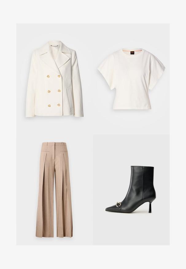 Dvojno zapenjanje bele plašče v teksturiranem materialu, ki vsebuje velike zlate gumbe, ovratnike s klini in stranske žepke.; Bela skrajšana majica s kratkimi širokimi rokavi, mehka bombažna tkanina, okrogla ovratnica z diskretnim oranžnim robom, minimalističen dizajn, brez vzorcev ali grafike.; Beige široke hlače iz svetle tkanine, ki imajo navpične črtice, visok pas in sprednje naborke.; Črne usnjene gležnjarje s koničastim nosom, ozkim srednjem petam in srebrno zaponko na strani na enobarvni podlagi.