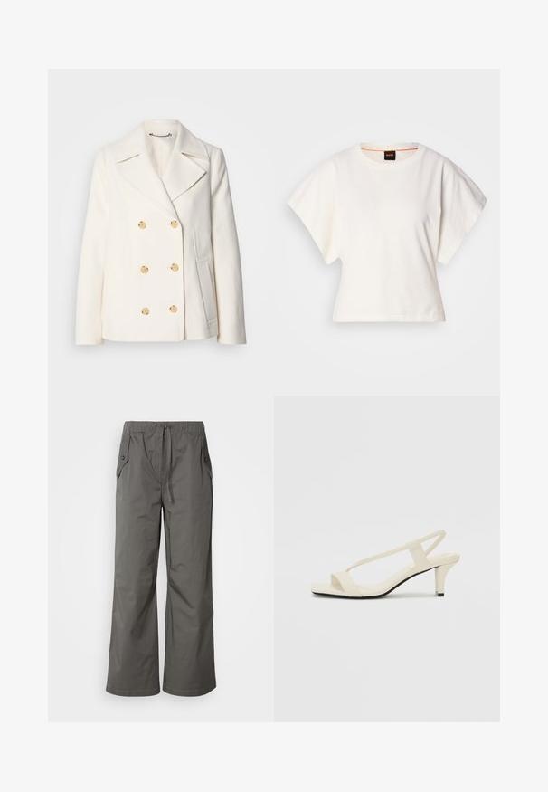 Double-breasted white coat in textured fabric, featuring large gold-tone buttons, notched lapels, and side pockets.; White cropped T-shirt, short wide sleeves, soft cotton material, round neckline with subtle orange trim, minimal design, no patterns or graphics.; Gray wide-leg pants made of lightweight fabric, featuring an elastic waistband, drawstring, and two side pockets with button accents.; Beige block-heeled sandals with thin straps and a square toe. Smooth material with minimal detailing, designed for easy wear.