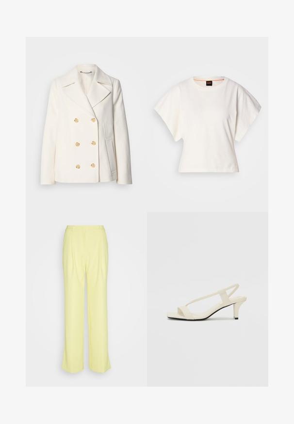 Doppeltknöpfiger weißer Mantel aus strukturiertem Stoff, mit großen goldfarbenen Knöpfen, Revers und seitlichen Taschen.; Weißes, kurzes T-Shirt, kurze weite Ärmel, weicher Baumwollstoff, runder Ausschnitt mit subtilen orangefarbenen Akzenten, minimales Design, keine Muster oder Grafiken.; Gelbe weit geschnittene Hosen aus weichem Stoff mit glatter Textur, mit hohem Taillenbund, Falten und einem klaren, minimalistischen Design.; Beige Blockabsatzsandalen mit dünnen Riemen und quadrater Spitze. Glattes Material mit minimalem Design, entworfen für einfaches Tragen.