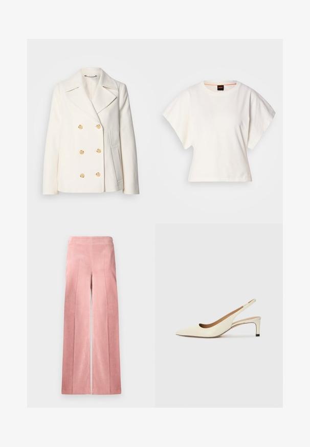 Double-breasted white coat in textured fabric, featuring large gold-tone buttons, notched lapels, and side pockets.; White cropped T-shirt, short wide sleeves, soft cotton material, round neckline with subtle orange trim, minimal design, no patterns or graphics.; Pale pink, wide-leg corduroy trousers with vertical ribbing and a fitted waistband. Smooth texture with a relaxed silhouette.; Pointed-toe slingback shoe in off-white leather, featuring a low heel and cut-out design with a smooth texture and minimal accents.