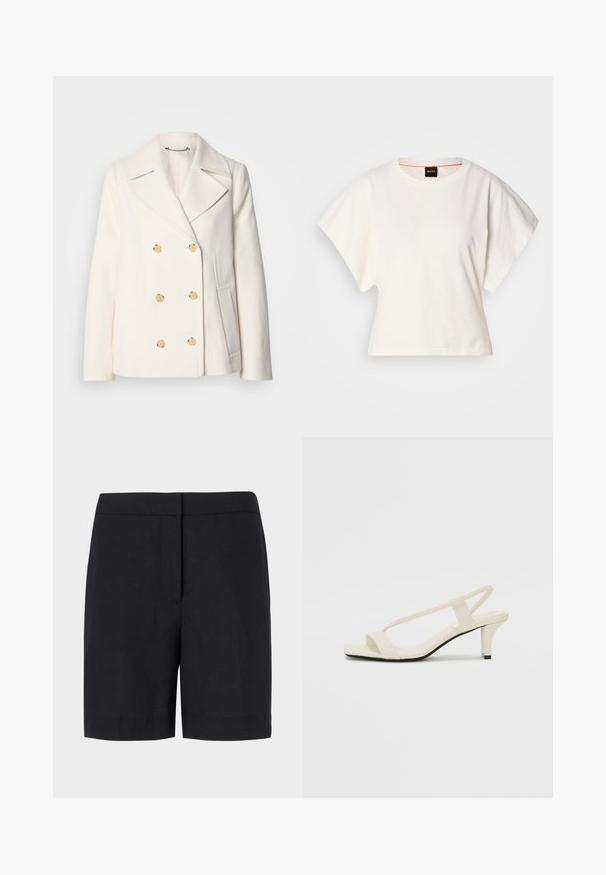 Kahekordne valge mantel tekstureeritud kangast, millel on suured kuldsete nuppudega, küljel olevad taskud ja nurgelised kraed.; Valge lühikeste laiadte varrukatega lühike T-särk, pehme puuvillane materjal, ümar kaelus kergelt oranži ääristusega, minimaalne disain, ilma mustrite ja graafikateta.; Kerged lühikesed püksid, mis on valmistatud kergest kangast, klassikalise sirge lõikega, minimaalne disain ja ilma nähtavate detailide või mustriteta.; Beez blok-kandadesed õhukeste rihmadega ja ruudukujulise varbaga. Sile materjal minimaalsete detailidega, kujundatud mugavaks kandmiseks.