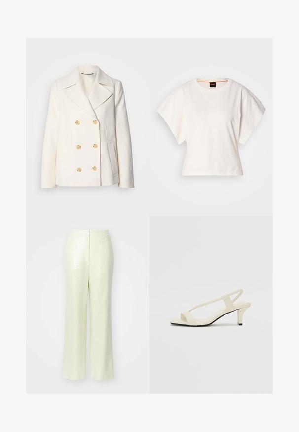 Palton alb cu două rânduri de butoane, realizat dintr-un material texturat, având butoane mari de culoare aurie, rever tip notch și buzunare laterale.; Tricou alb scurt, cu mâneci scurte și largi, din bumbac moale, cu decolteu rotund și un finisaj subtil portocaliu, design minimalist, fără modele sau grafice.; Pantaloni de culoare galben deschis, cu mărgele, având o siluetă cu picioare largi, cu o textură netedă și un fermoar discret la spate pentru închidere.; Sandale bej cu toc bloc, cu bretele subțiri și vârf pătrat. Material neted cu detalii minime, concepute pentru a fi ușor de purtat.