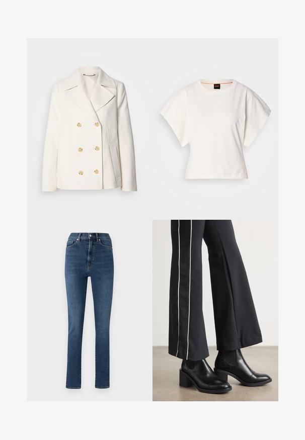 Abrigo blanco de doble botonadura en tejido texturizado, con grandes botones dorados, solapas con muesca y bolsillos laterales.; Camiseta blanca recortada, con mangas cortas y anchas, material de algodón suave, cuello redondo con un sutil ribete naranja, diseño minimalista, sin patrones ni gráficos.; Vaqueros de mezclilla azul con corte recto, cintura alta y diseño clásico de cinco bolsillos. Cuenta con un cierre de botón y cremallera.; Botines de cuero negro con tacón cuadrado, con paneles laterales elásticos. Combinados con pantalones negros que tienen una franja blanca lateral.