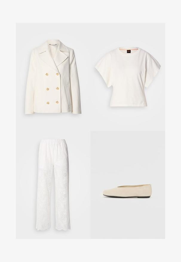 Dvojradový biely kabát z texturovanej tkaniny s veľkými zlatými gombíkmi, s klopami a bočnými vreckami.; Biely skrátený tričko, krátke široké rukávy, mäkký bavlnený materiál, okrúhly výstrih s jemným oranžovým lemovaním, minimalistický dizajn, bez vzorov alebo grafiky.; Biele bavlnené nohavice s výstrihom, zdobené očkovými vzormi a vo voľnom strihu, navrhnuté s elastickým pásom pre pohodlie.; Béžové semišové baleríny s okrúhlou špičkou, plochou podrážkou a minimalisticým dizajnom. Hladký povrch bez viditeľného kovania alebo ozdôb.