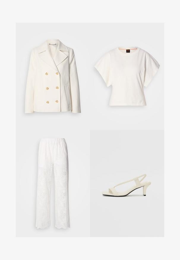 Manteau blanc croisé en tissu texturé, ornée de grandes boutons dorés, de revers crantés et de poches latérales.; T-shirt blanc cintré, manches courtes et larges, en coton doux, décolleté rond avec une discrète bordure orange, design minimaliste, sans motifs ni graphiques.; Pantalons en coton blancs avec un ourlet festonné, ornés de motifs en œillets et d'une coupe décontractée, conçus avec une taille élastique pour le confort.; Sandales beiges à talons carrés avec des fines brides et un bout carré. Matière lisse avec des détails minimaux, conçues pour un port facile.