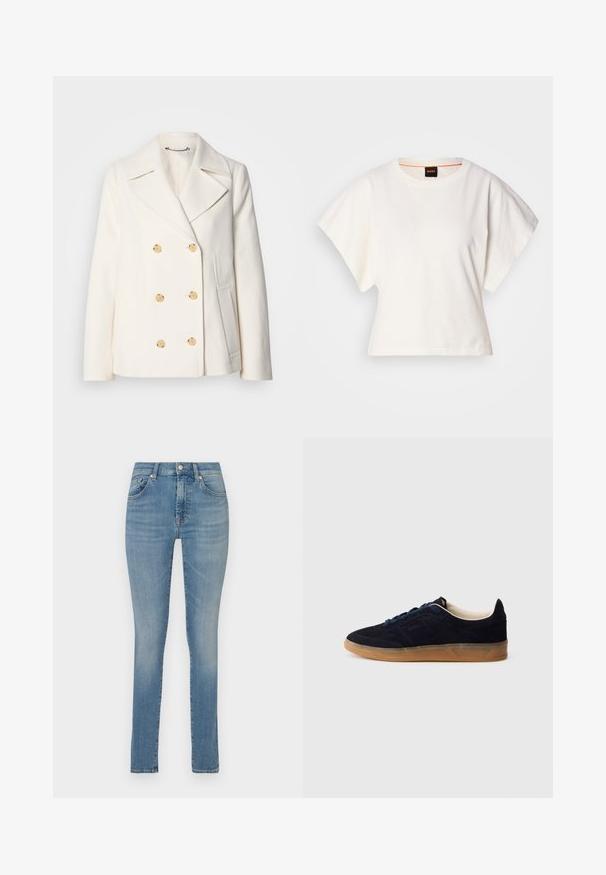 Kahekordne valge mantel tekstureeritud kangast, millel on suured kuldsete nuppudega, küljel olevad taskud ja nurgelised kraed.; Valge lühikeste laiadte varrukatega lühike T-särk, pehme puuvillane materjal, ümar kaelus kergelt oranži ääristusega, minimaalne disain, ilma mustrite ja graafikateta.; Kitsad teksad heledast sinisest denimist, millel on keskmise kõrgusega vöökoht, viie-tasku disain ja peen kulumine. Toored servad pahkluude juures.; Tumesinised seemisnahast spordijalatsid kummist tallaga, siniste paeltega ja minimalistliku disainiga. Küljel on reljeefne logo ja sees on sile vooder.