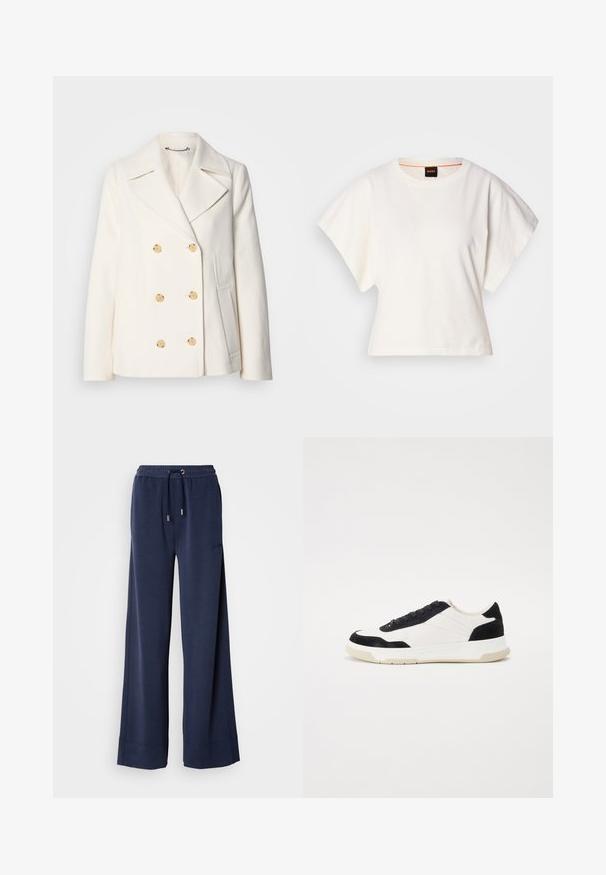 Dvipusė balta striukė iš tekstūrinio audinio, dekoruota dideliais auksinės spalvos mygtukais, su išpjautomis apykaklėmis ir šoninėmis kišenėmis.; Baltas trumpas marškinėliai, plačios trumpomis rankovėmis, minkšta medvilnė, apvali kaklo iškirptė su subtiliu oranžiniu apvadu, minimalus dizainas, be raštų ar grafikų.; Jūrų laivyno plataus kojų kelnių pagamintų iš švelnios medžiagos, su elastingu liemeniu ir raišteliu, bei logotipu ant kairės kojos.; Sportbačiai su balta odine viršutine dalimi, juodais zomšiniais akcentais ir tekstūruotu guminio pado. Yra raištelių dizainas ir siūlėmis dekoruoti elementai.