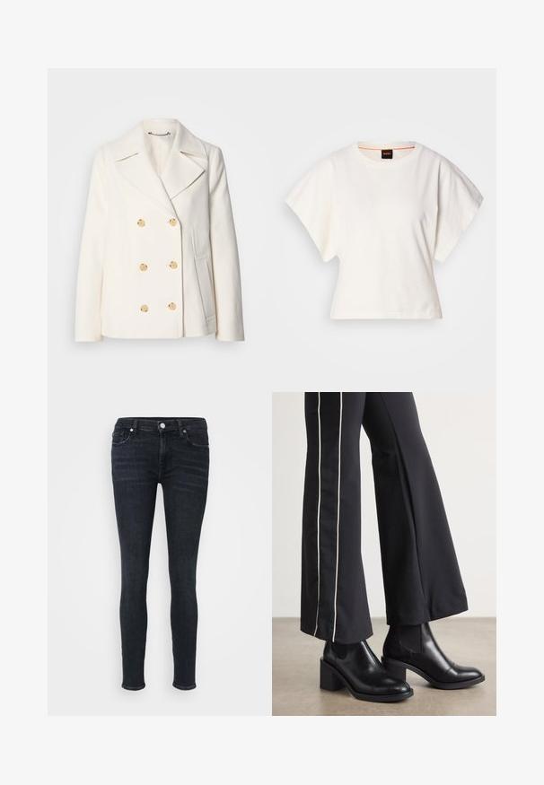 Dwurzędowy biały płaszcz z teksturowanej tkaniny, z dużymi guzikami w kolorze złotym, wykładanymi klapami i kieszeniami bocznymi.; Biała, krótka koszulka z szerokimi rękawami, wykonana z miękkiej bawełny, okrągły dekolt z delikatnym pomarańczowym wykończeniem, minimalistyczny design, bez wzorów i grafik.; Dopasowane dżinsy w ciemnoniebieskim denimu, z średnim stanem, klasycznym pięciopunktowym krojem oraz subtelnymi detalami szwów.; Czarne skórzane botki za kostkę na słupku, z elastycznymi panelami po bokach. Połączone z czarnymi spodniami z białym paskiem po boku.